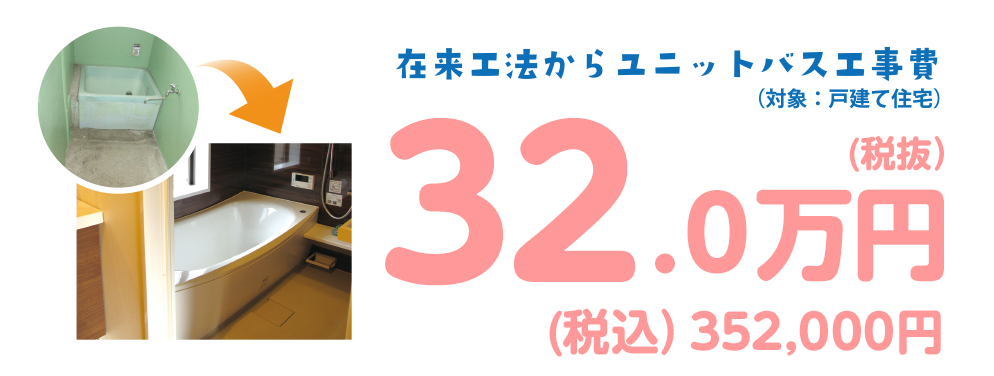 在来工法からユニットバス入替工事（対象：戸建て住宅）28万円（税抜）